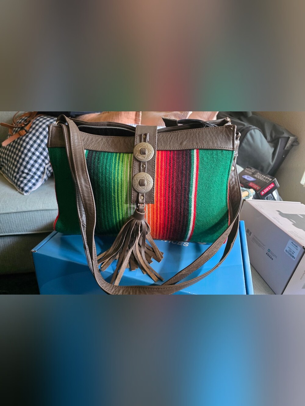 Boho Striped Green & Red Tote Bag with Tassel